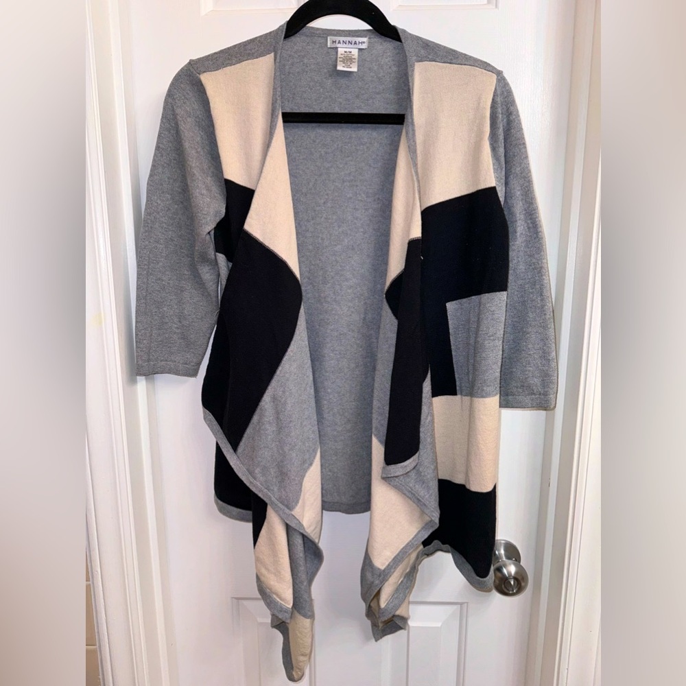 Hannah waterfall color block cardigan, Gray/Black/Cream Size Medium